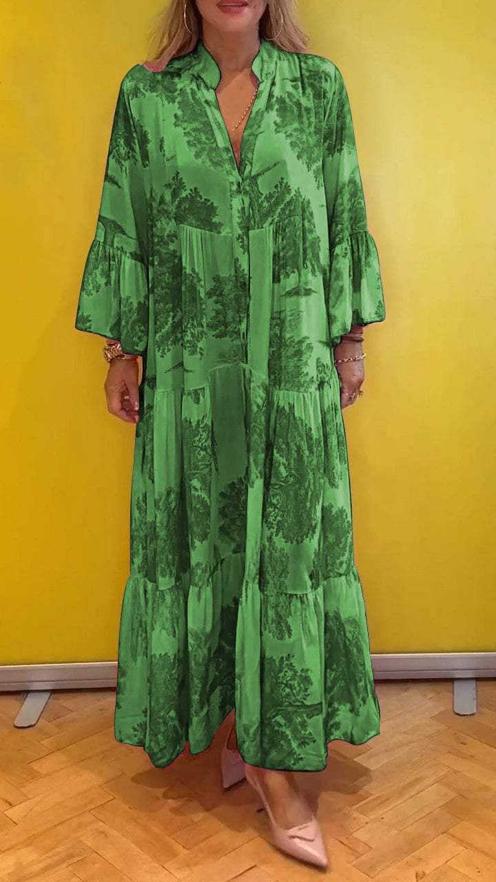 Women's summer dress with V-neck and forest pattern Maxi dress