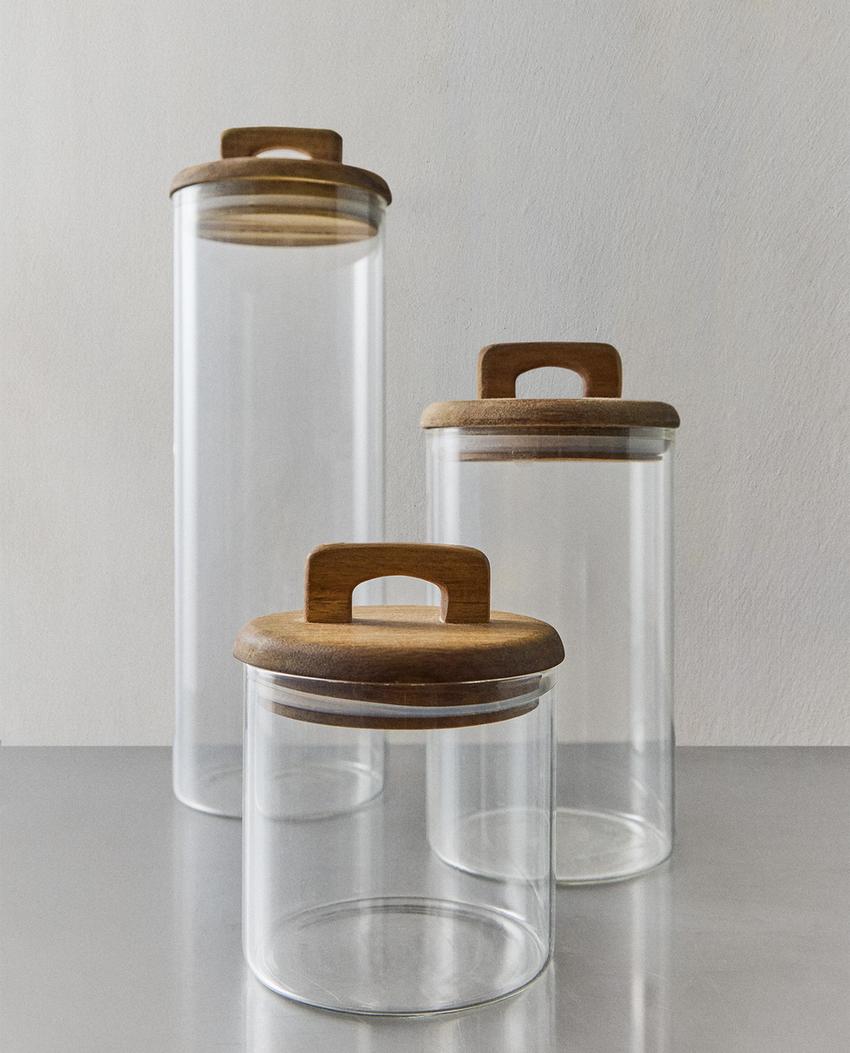BOROSILICATE GLASS AND WOOD STORAGE JAR