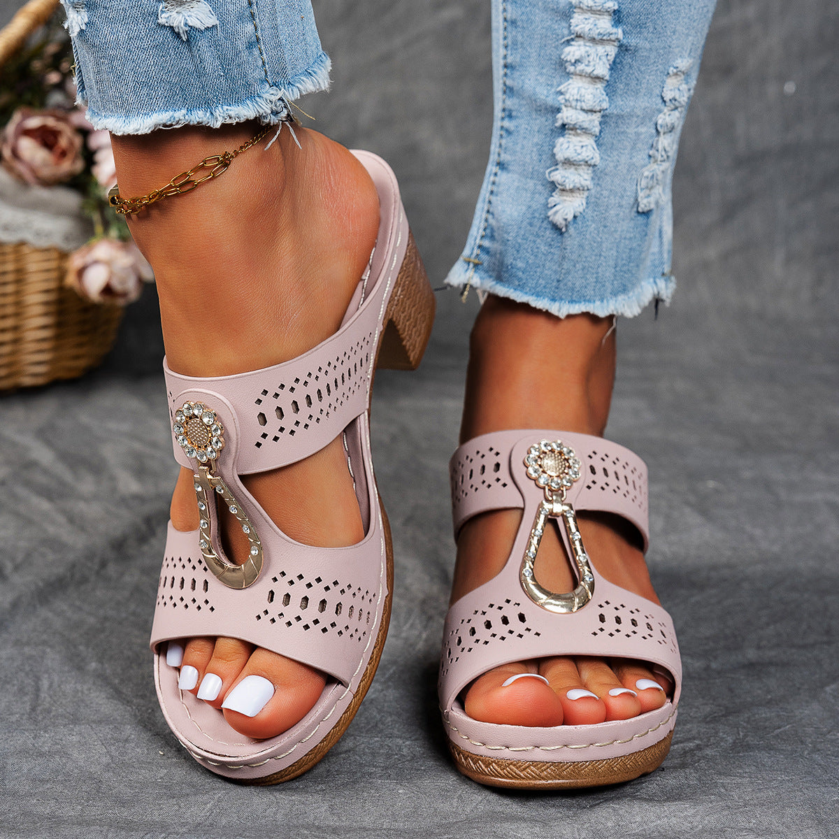 Orthopedic Rhinestones Heel Sandals
