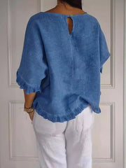 🔥Clearance Sale🔥 Women's Round Neck Ruffled Cotton And Linen Top