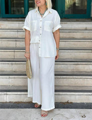 NEW🔥Women's Cream Embossed Pattern Shirt Wide Leg Suit